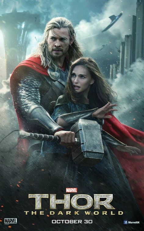 Poster for the movie Thor: The Dark World showing Thor wielding his hammer protectively beside a woman, set against a stormy, battle-torn background.