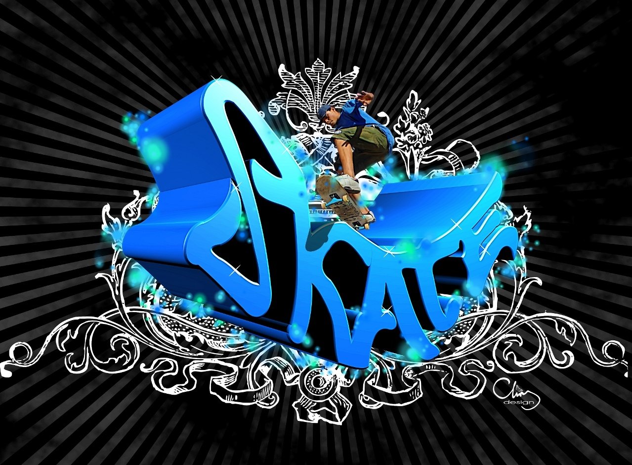 Artistic graffiti-style 3D blue lettering with ornate scrollwork and a skateboarder captured mid-air performing a trick above it.