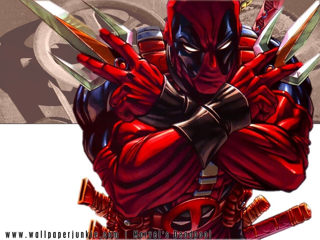 A dynamic comic-style illustration of Deadpool, striking a bold pose with crossed weapons, showcasing his iconic red and black suit.