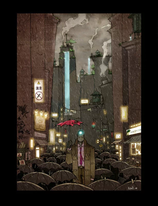 Rain-soaked urban sci-fi city street: a humanoid robot in a coat and glowing mask holds a red umbrella above a crowd of black umbrellas, neon signs and towering futuristic buildings.