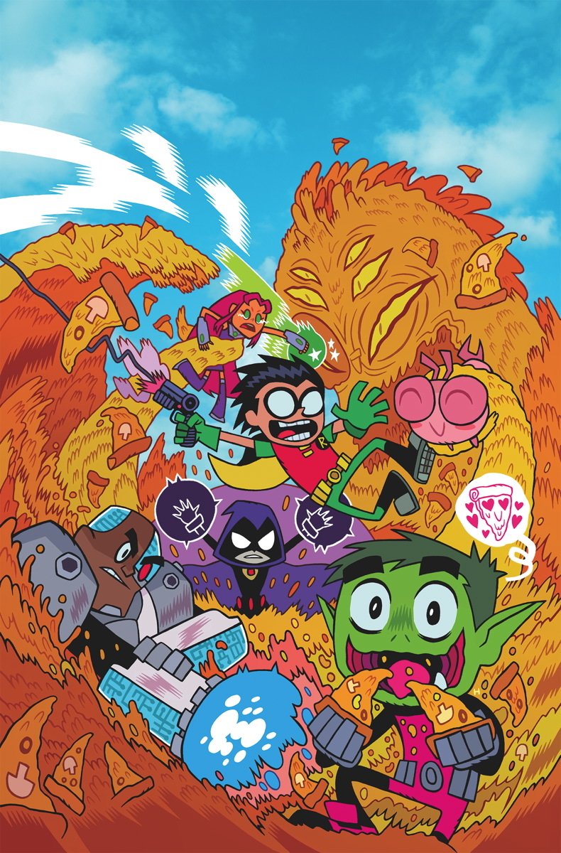 Teen Titans Go! comic art of Robin (Dick Grayson), Starfire, Beast Boy, Raven and Cyborg bursting through swirling orange goo and pizza, confronting a giant fiery monster.