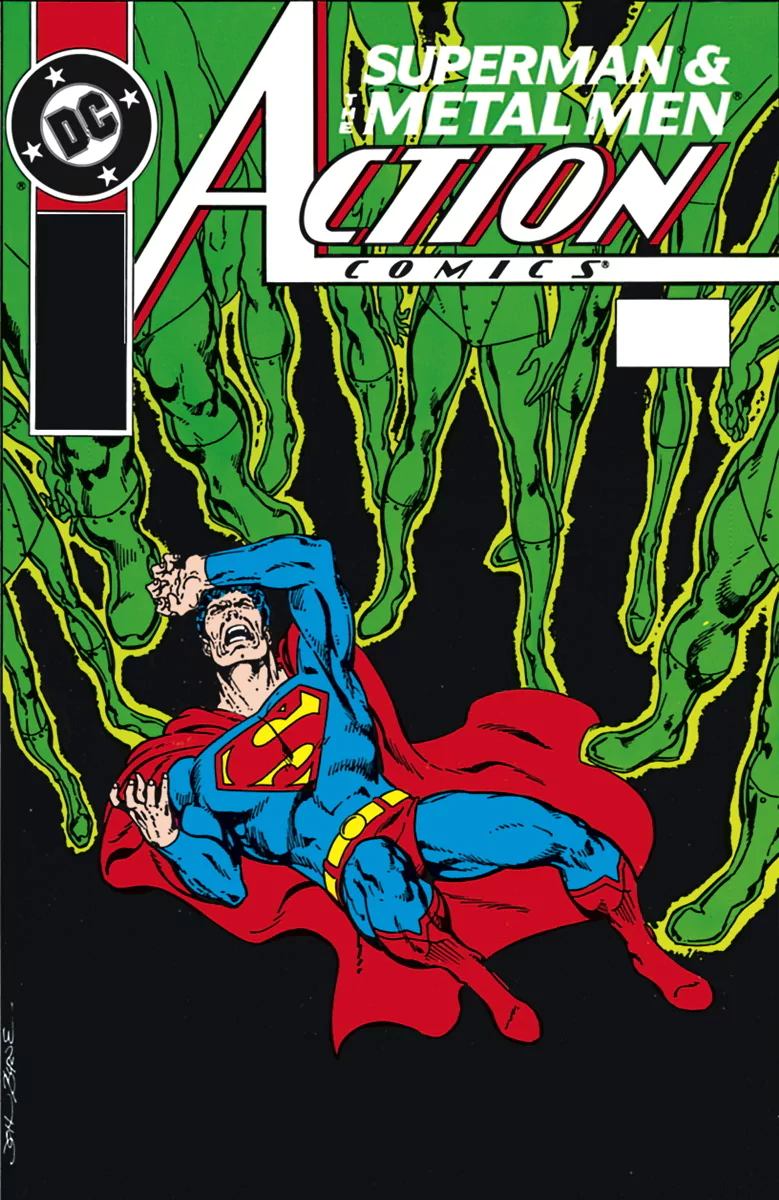 Comic cover Action Comics — Superman & the Metal Men: Superman writhes as eerie green tentacles ensnare him against a black background.