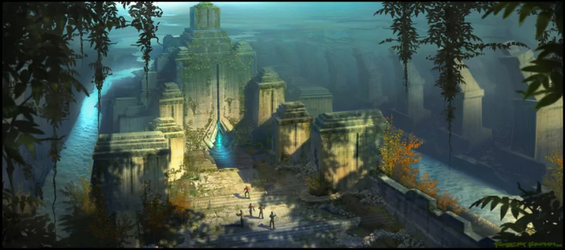 A brown-hued sci-fi cityscape featuring ancient temple ruins with intricate architecture, partially submerged and illuminated beneath a misty, ethereal light.