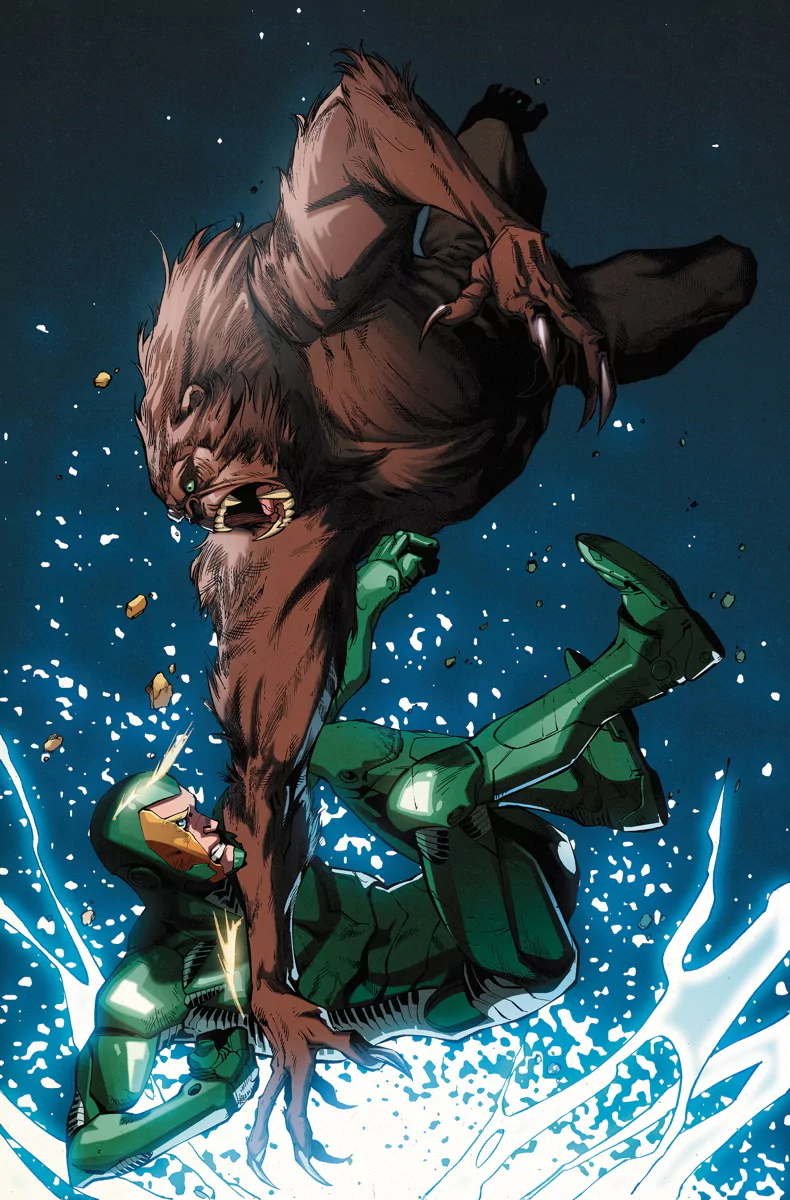 A dynamic scene from the comic The Green Team: Teen Trillionaires, featuring a green-clad hero battling a large, ferocious bear amidst a burst of water and debris.