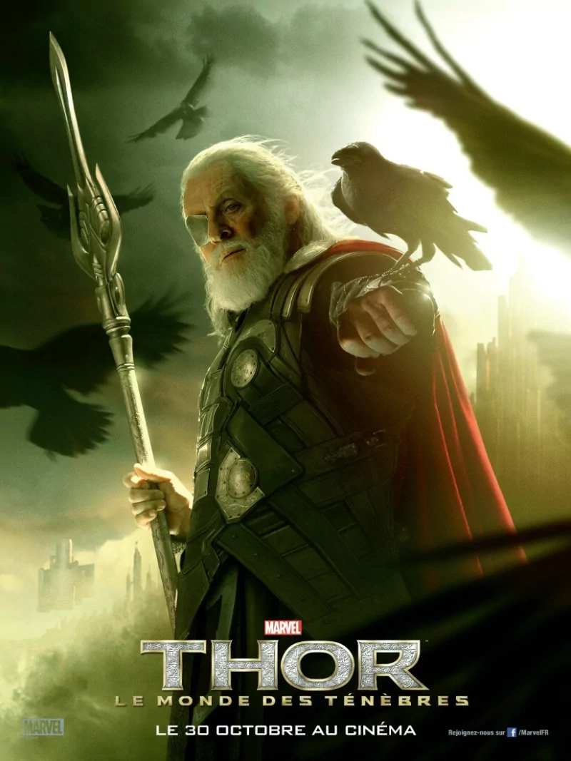 Thor: The Dark World poster showing Odin in armor holding a spear, a raven perched on his arm before a stormy Asgard skyline.
