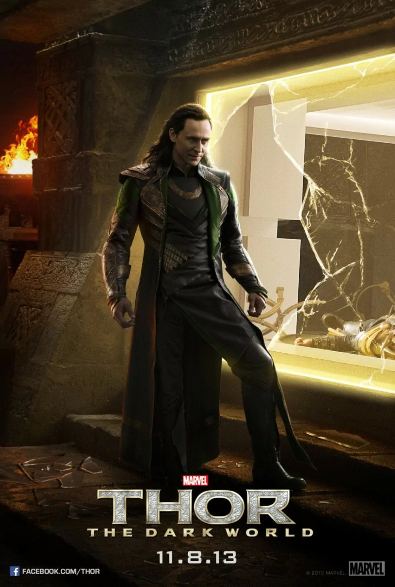 Thor: The Dark World movie poster — Loki in green-black armor stands in a ruined stone chamber before a shattered, glowing window.