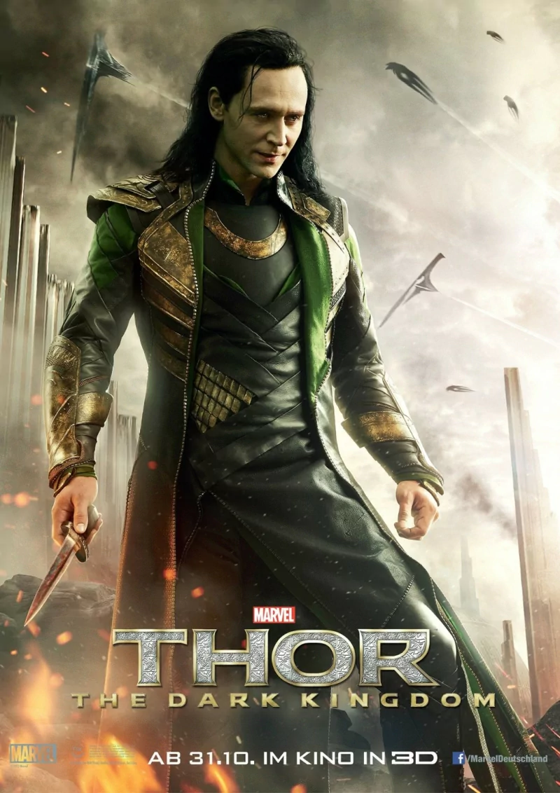 Thor: The Dark World poster — Loki in green-and-black armor stands amid smoking Asgardian ruins with floating debris and fiery embers.