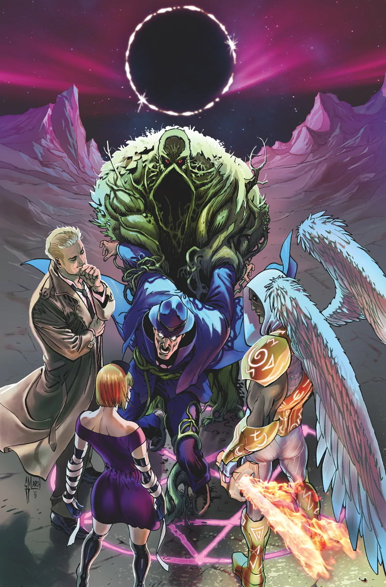 Trinity of Sin: The Phantom Stranger comic cover — hooded Phantom Stranger confronts three mystic figures (winged angel, flaming warrior, striped-costume woman) beneath a black eclipse.