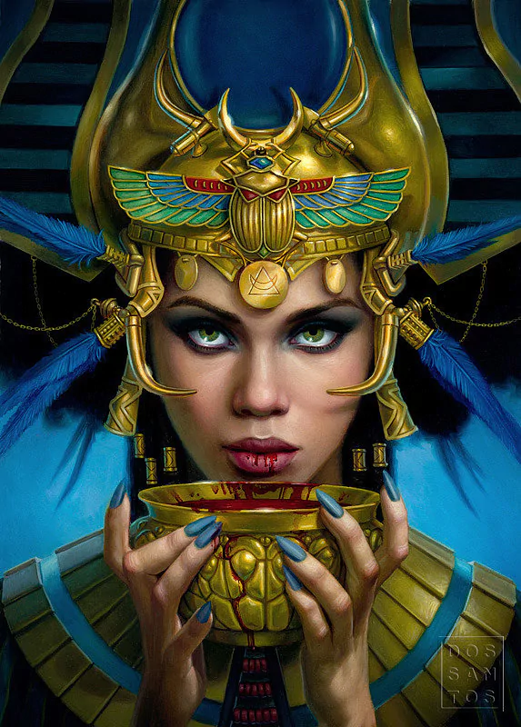 Fantasy woman wearing an ornate golden Egyptian headdress with a scarab and blue feathers, holding a golden chalice of red liquid; intense green eyes, dramatic makeup, and blue-tipped nails.