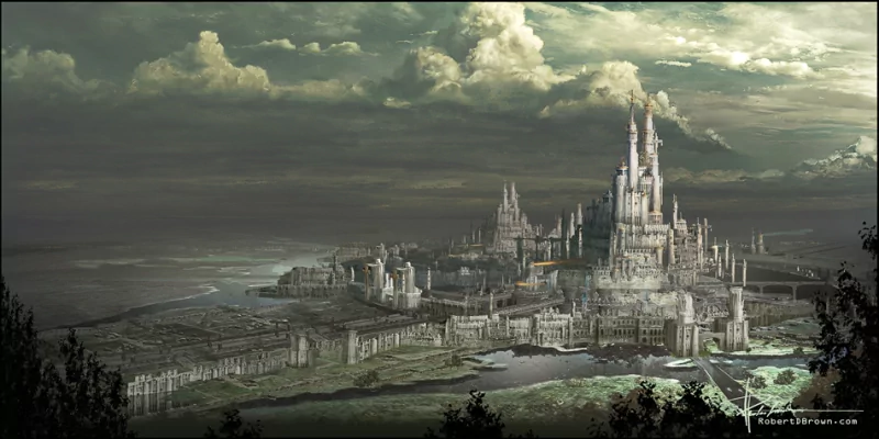 A sprawling fantasy city with towering castle architecture set against a dramatic, cloudy sky in a vast, mystical landscape.