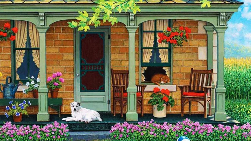 An artistic painting of a charming house porch featuring a white dog, potted flowers, rocking chairs, and vibrant greenery under a sunny sky.