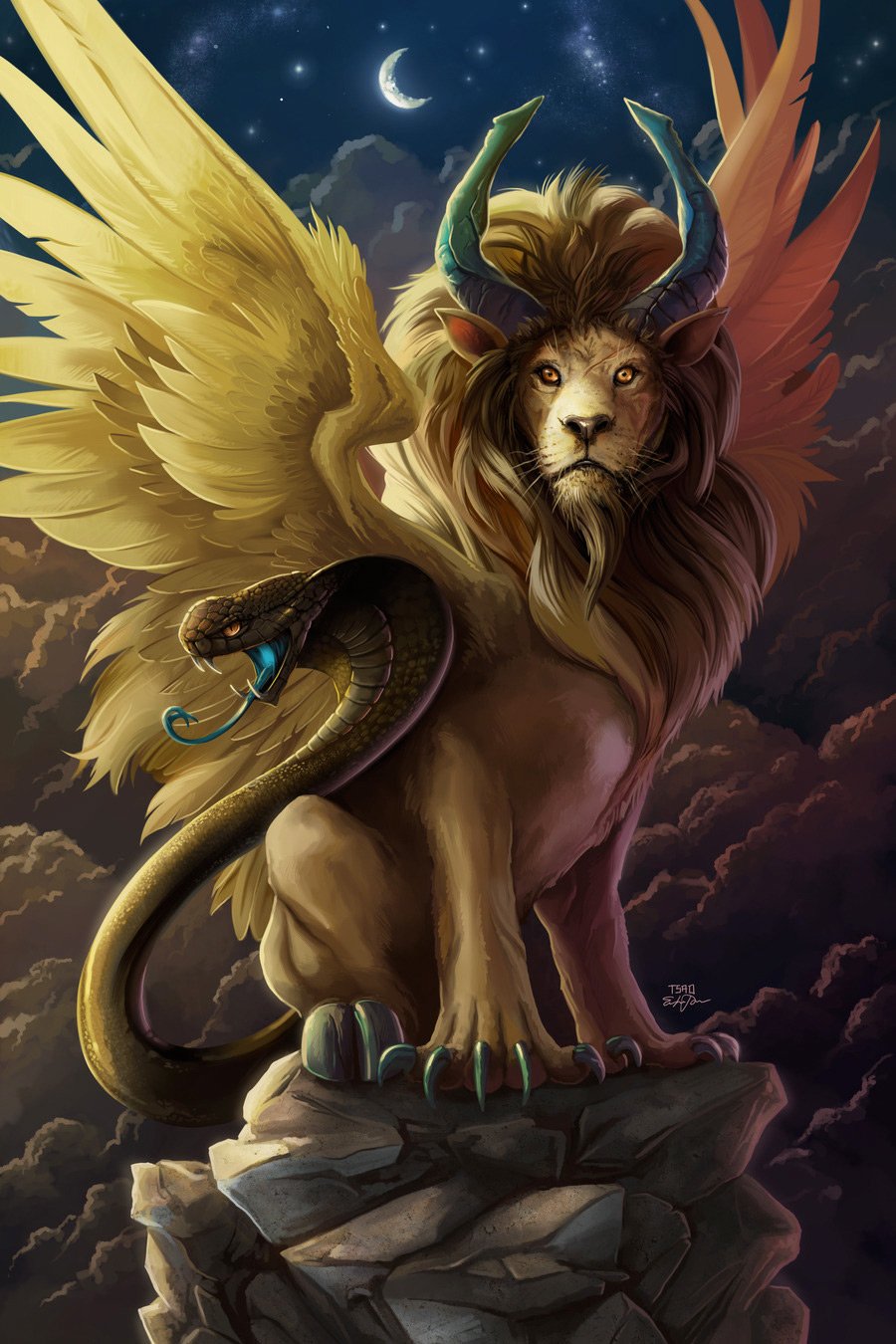 Fantasy chimera: a regal lion with curved horns, golden feathered wings and a coiled serpent tail perches atop a rocky outcrop under a crescent moon.
