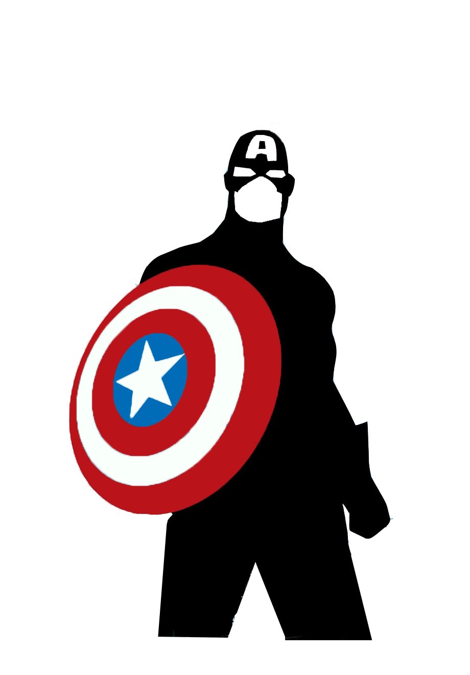 A bold silhouette of Captain America stands confidently, wielding his iconic star-spangled shield, embodying strength and heroism in this striking comic-inspired image.
