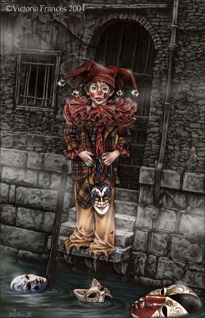 A dark clown in a torn jester outfit stands on a ledge before a crumbling stone wall, clutching a mask while other ornate masks float in murky water below.