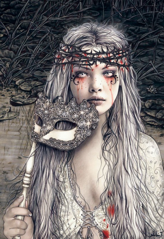 Dark portrait of a pale woman with long white hair, a thorn crown and tear-streaked makeup, holding an ornate masquerade mask on a stick before a tangled, shadowy background.