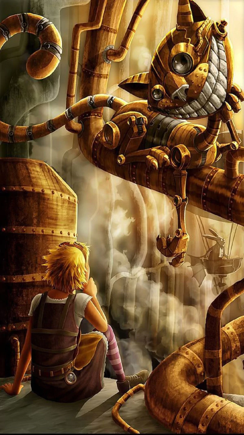Steampunk fantasy: an Alice in Wonderland–inspired girl sits among pipes and steam while a mechanical Cheshire Cat grins above.