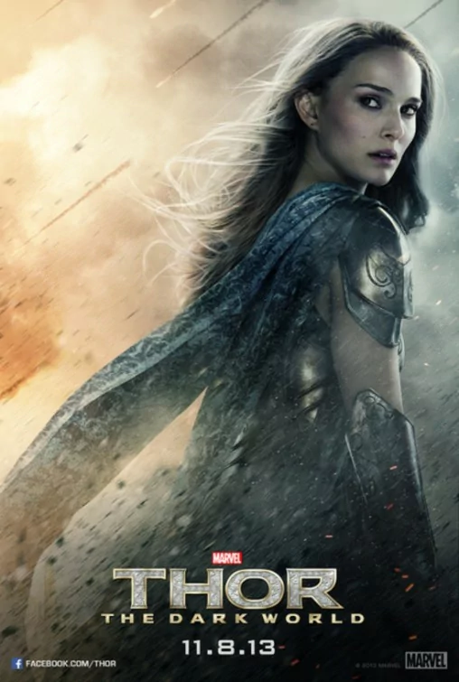 Poster for Thor: The Dark World — a female warrior in armor with a flowing cape looks back over her shoulder amid swirling storm and embers.