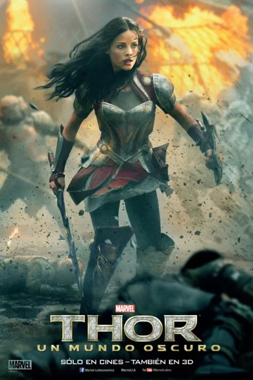 Movie poster — Thor: The Dark World: an armored female warrior dashes across a smoky, exploding battlefield with the Thor logo at the bottom.