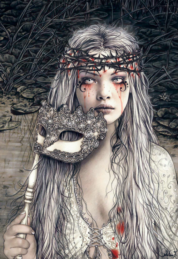 Dark portrait of a pale woman with long white hair, a thorn crown and tear-streaked makeup, holding an ornate masquerade mask on a stick before a tangled, shadowy background.
