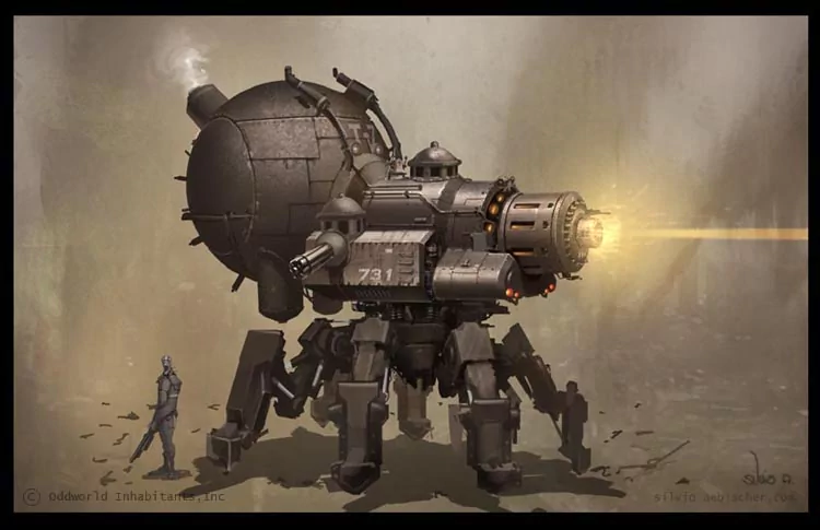 A large sci-fi mech robot with heavy weaponry emits a glowing beam, surrounded by human figures, showcasing advanced machine technology in a futuristic setting.