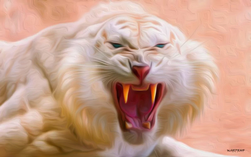 A fierce white lion with an open mouth displays its sharp teeth against a soft, warm background, embodying the power and majesty of this majestic animal.