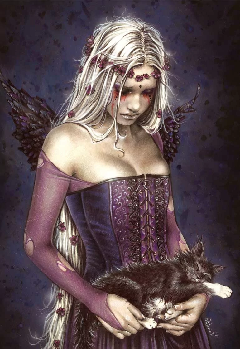 A dark-themed woman with pale skin and long white hair adorned with flowers, wearing a purple corset dress, gently cradles a black cat against a shadowy background.