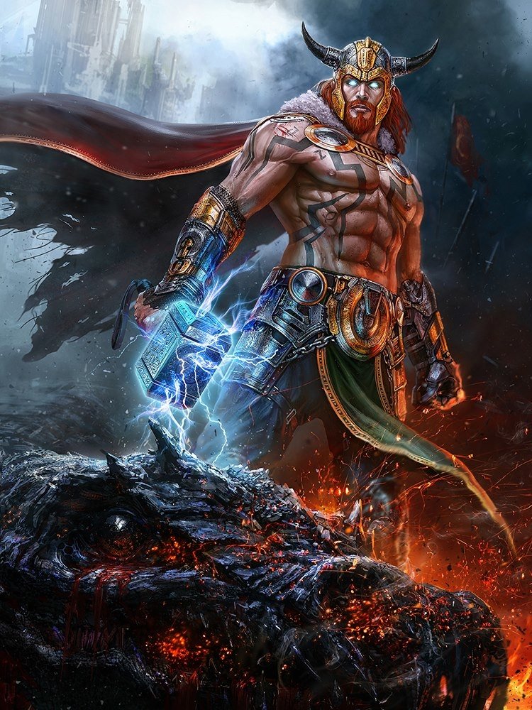 Fantasy artwork of a powerful horned god wielding a glowing hammer, standing triumphantly over a defeated fiery beast in a dramatic, stormy landscape.