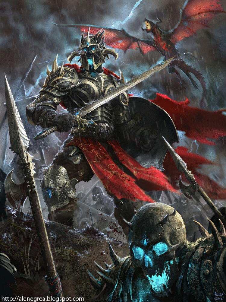 Dark warrior in spiked armor and red sash hoists a massive sword under stormy skies as a winged demon rises and a glowing blue-eyed undead skull crouches in the foreground.