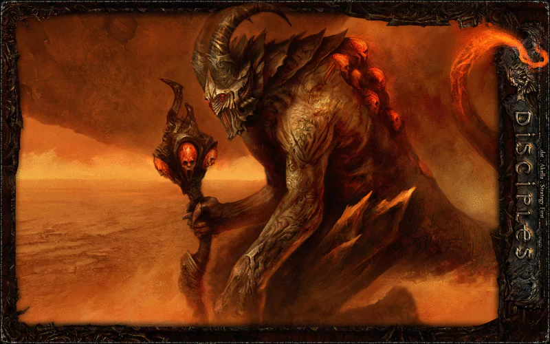 Disciples 3 video game art: a hulking horned demon holding a skull-topped scepter amid a fiery, windswept wasteland.