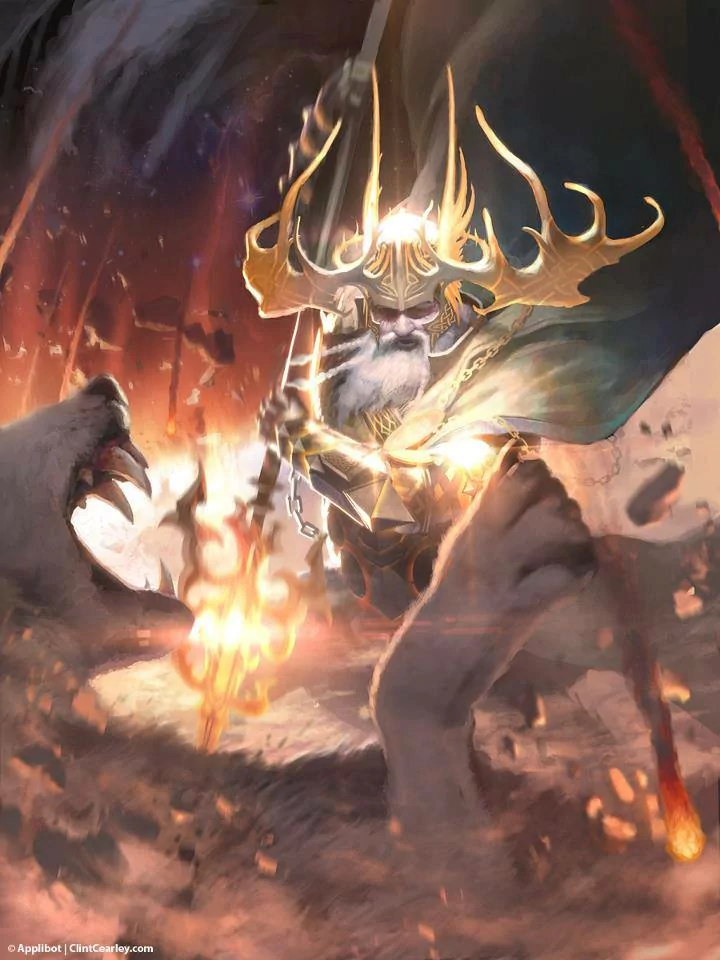 Epic fantasy warrior with antlered golden helm and glowing blade charging through a fiery battlefield, clashing with shadowy beasts.