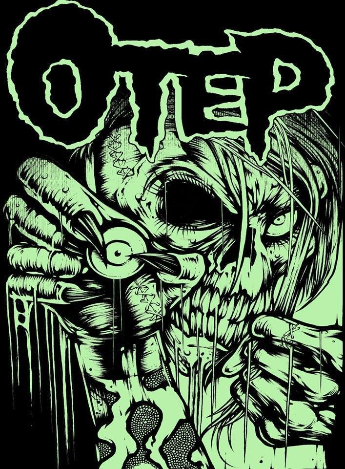 Otep music artwork: green-and-black illustration of a decaying, stitched skull-faced figure clutching a vinyl disc and pulling puppet strings, ink-dripping horror aesthetic.