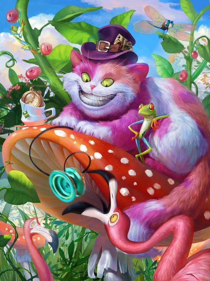Fantasy Alice in Wonderland scene: grinning purple-pink Cheshire Cat in a tiny top hat lounges on a red spotted mushroom with a frog companion, teacup, dragonfly and flamingos.