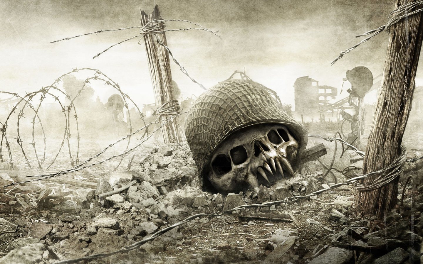 Horror video game Resistance: Fall of Man — a cracked soldier skull in a helmet half-buried among barbed wire and rubble on a desolate, post-apocalyptic battlefield.