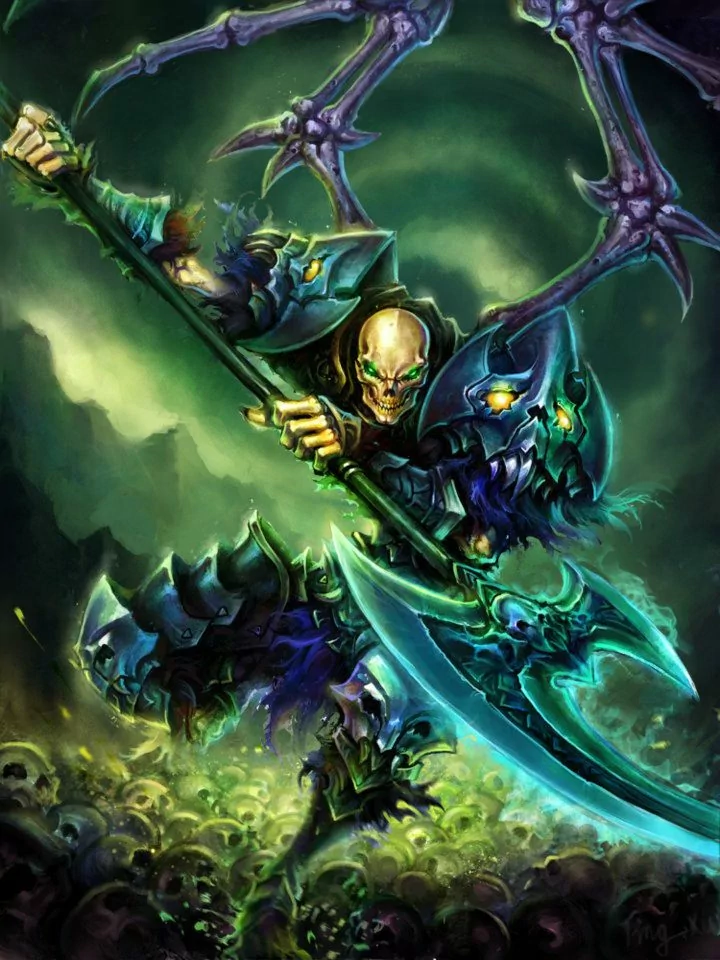 A dark warrior clad in spiked armor wields a glowing blue polearm, surrounded by a misty, eerie green atmosphere and skeletal remains.