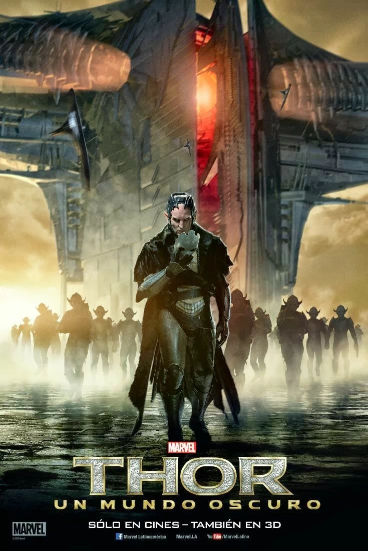Movie poster for Thor: The Dark World — Malekith in dark armor walks from a looming alien ship with silhouetted troops behind, the film title displayed at the bottom.