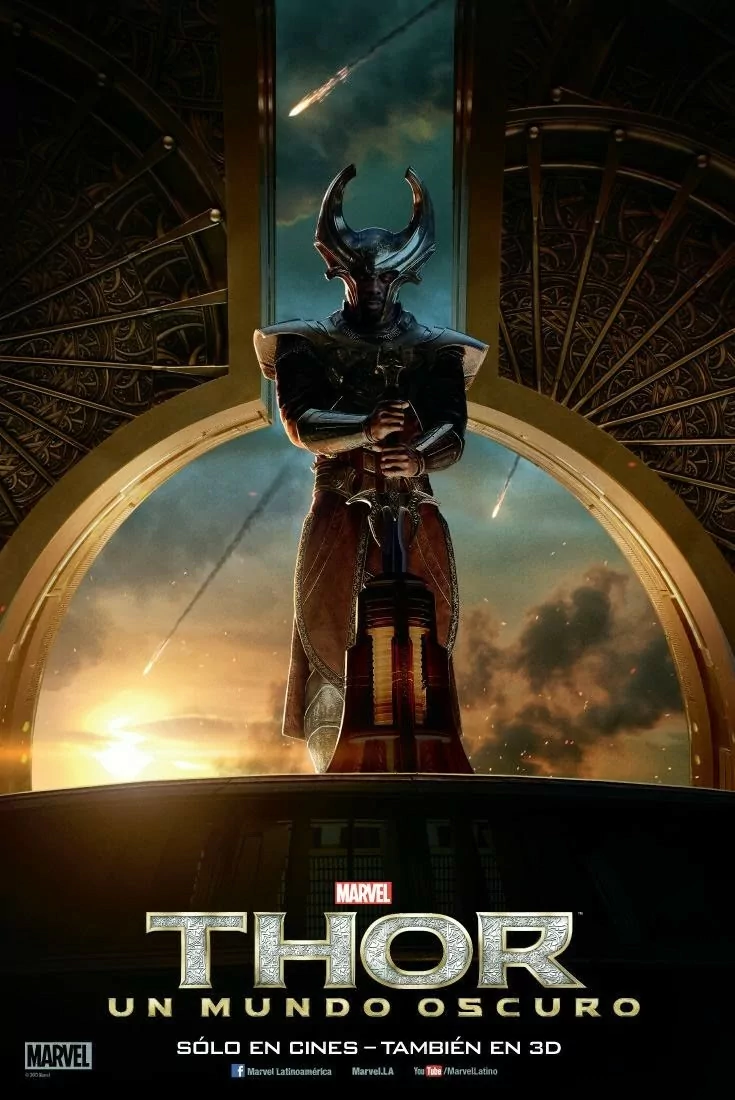 Movie poster for Thor: The Dark World showing a horned armored figure standing with a massive staff framed by an ornate arch against a fiery, stormy sky.