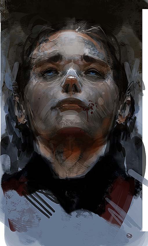 Sci‑fi digital portrait of a man, face tilted up, hollow eyes and a blood‑smudged lip, painterly dark tones conveying deep sadness.