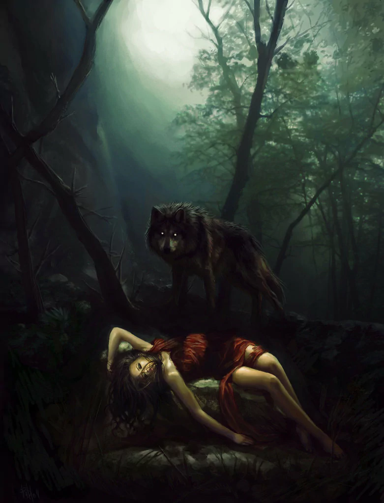 Moonlit fantasy forest: a wolf-like creature with glowing eyes stands over a woman in a red dress collapsed on the mossy ground.