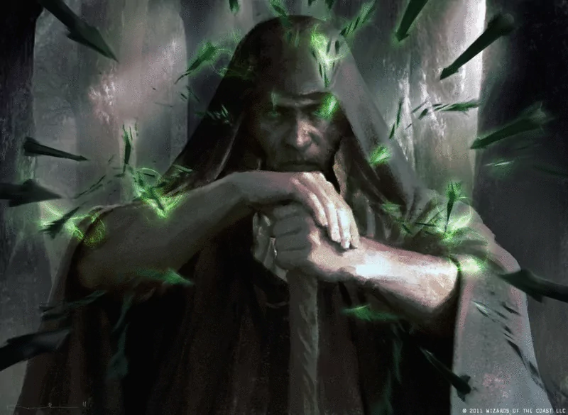 A dark fantasy wizard cloaked in shadow channels glowing green magic, surrounded by floating shards in a mystical, eerie environment.