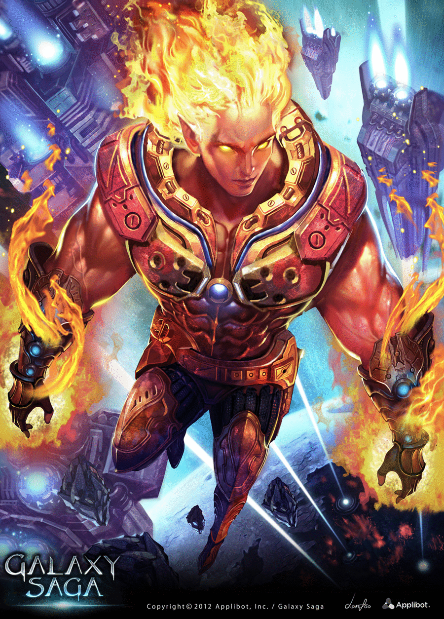 Sci‑Fi applibot: a flaming‑haired armored humanoid with blazing gauntlets flying through a space battle amid starships and fiery explosions.