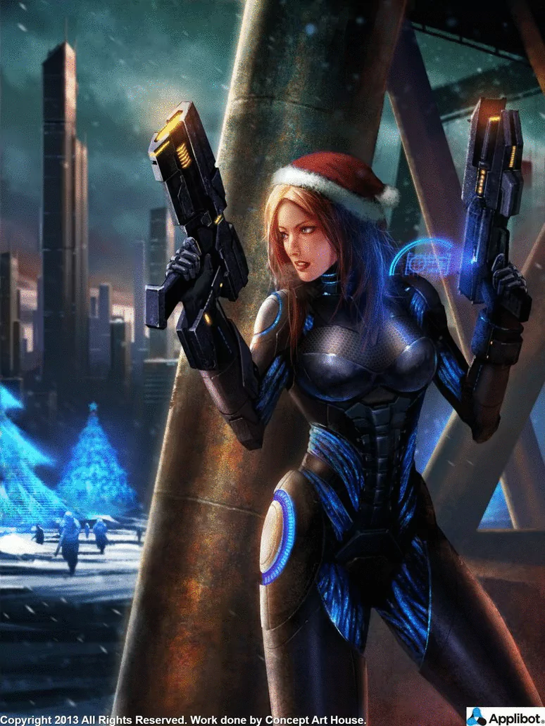 Sci Fi: armored female operative in blue exosuit wearing a Santa hat, dual-wielding pistols in a snowy futuristic city; applibot.