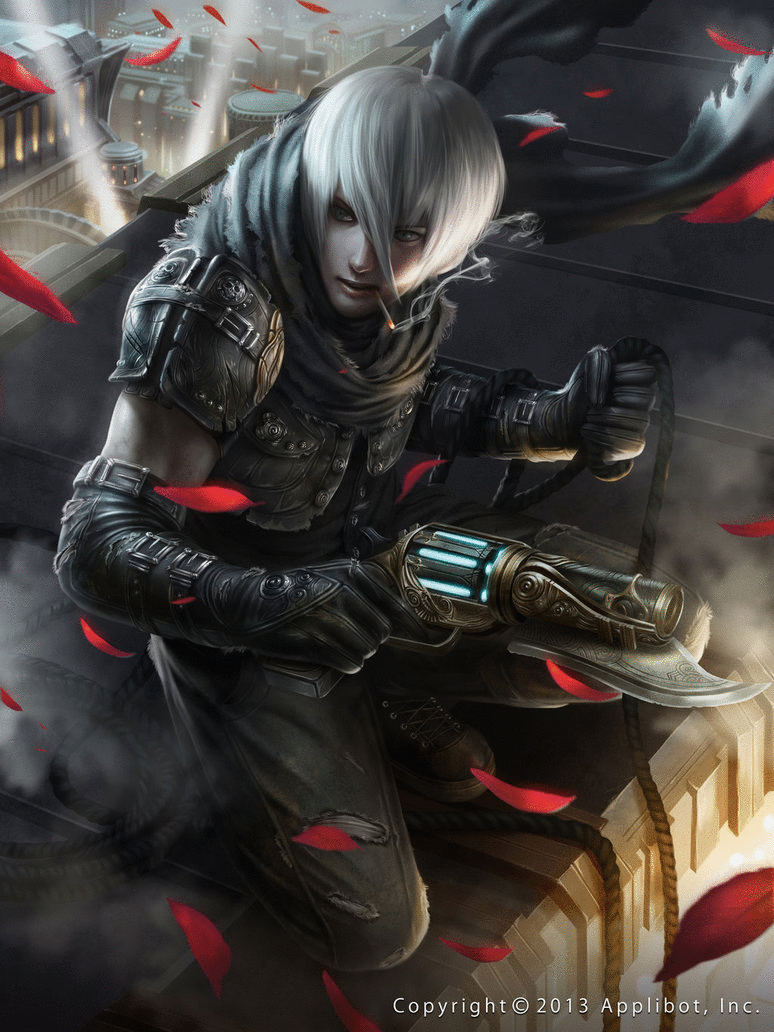 Sci Fi applibot character: silver‑haired rogue crouches on a rooftop clutching a glowing futuristic pistol as red petals drift over a neon-lit night city.