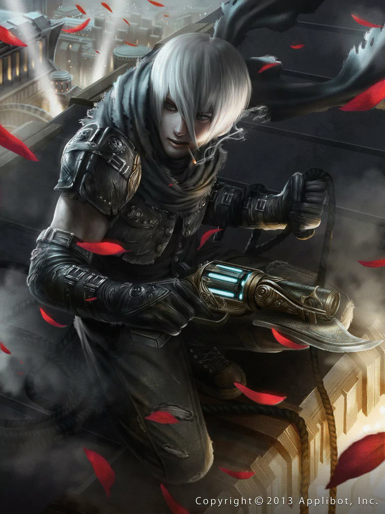 Sci Fi applibot character: silver‑haired rogue crouches on a rooftop clutching a glowing futuristic pistol as red petals drift over a neon-lit night city.