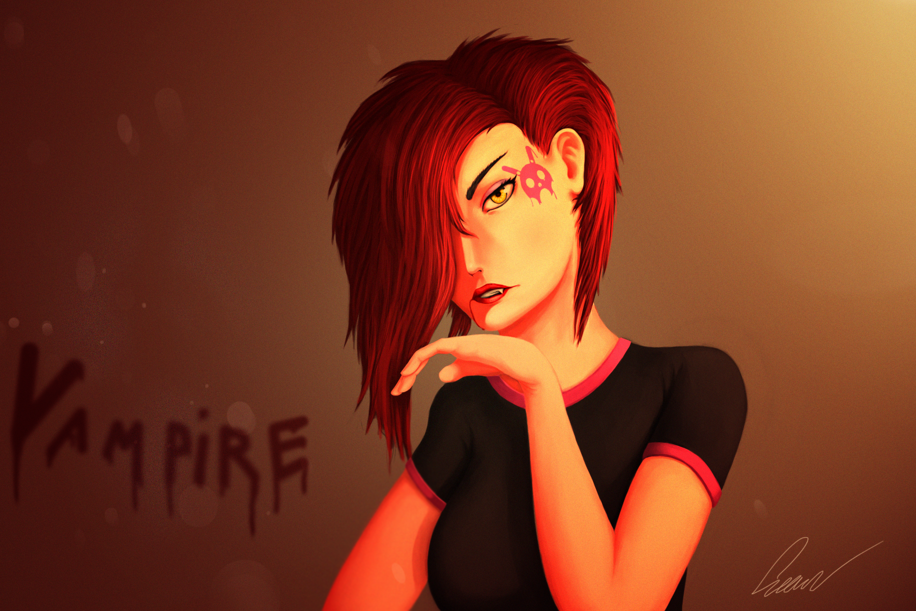 A punk vampire woman with striking yellow hair and a bold red tattoo poses confidently, her gaze intense against a warm background. The word VAMPIRE is artfully displayed behind her.