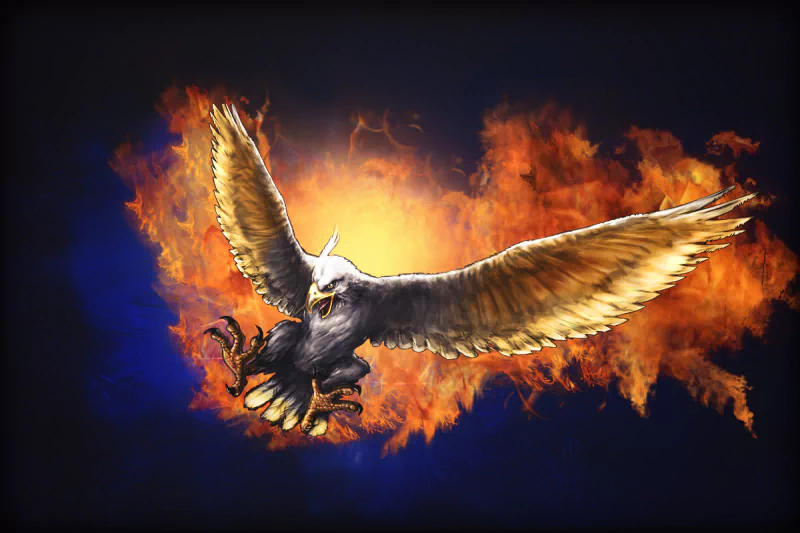An eagle with outstretched wings soars against a dramatic backdrop of fiery orange and dark blue hues.