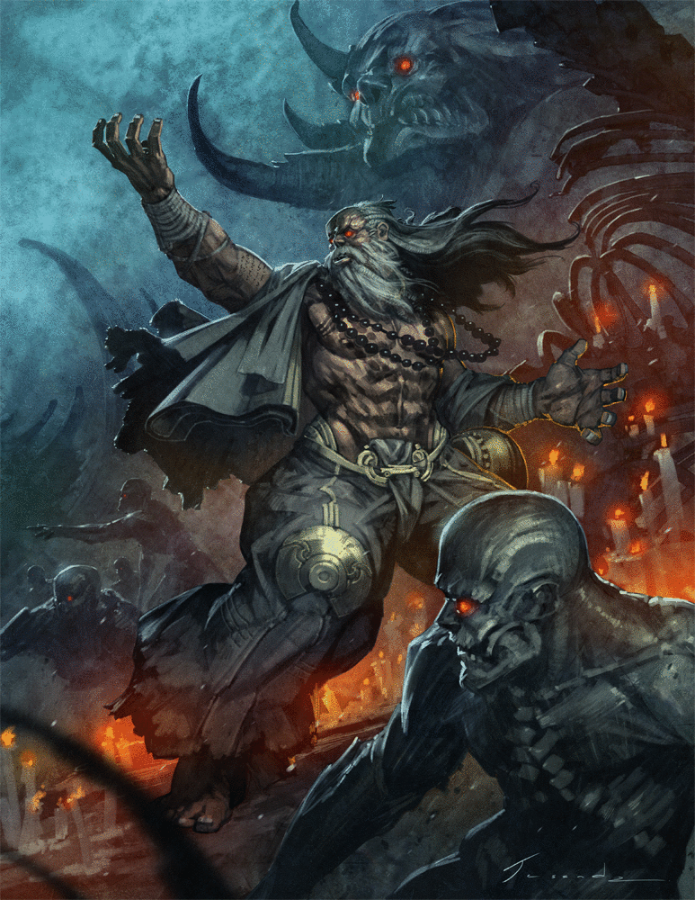 Fantasy scene by Jessada: a bearded warlord raises his arms amid fire while horned demons and glowing-eyed undead converge.