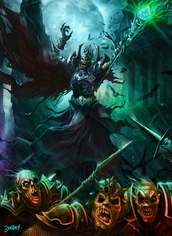 A dark warrior in spiked armor raises a glowing green staff, summoning snarling skeletal soldiers beneath a full moon amid crumbling, shadowed ruins.