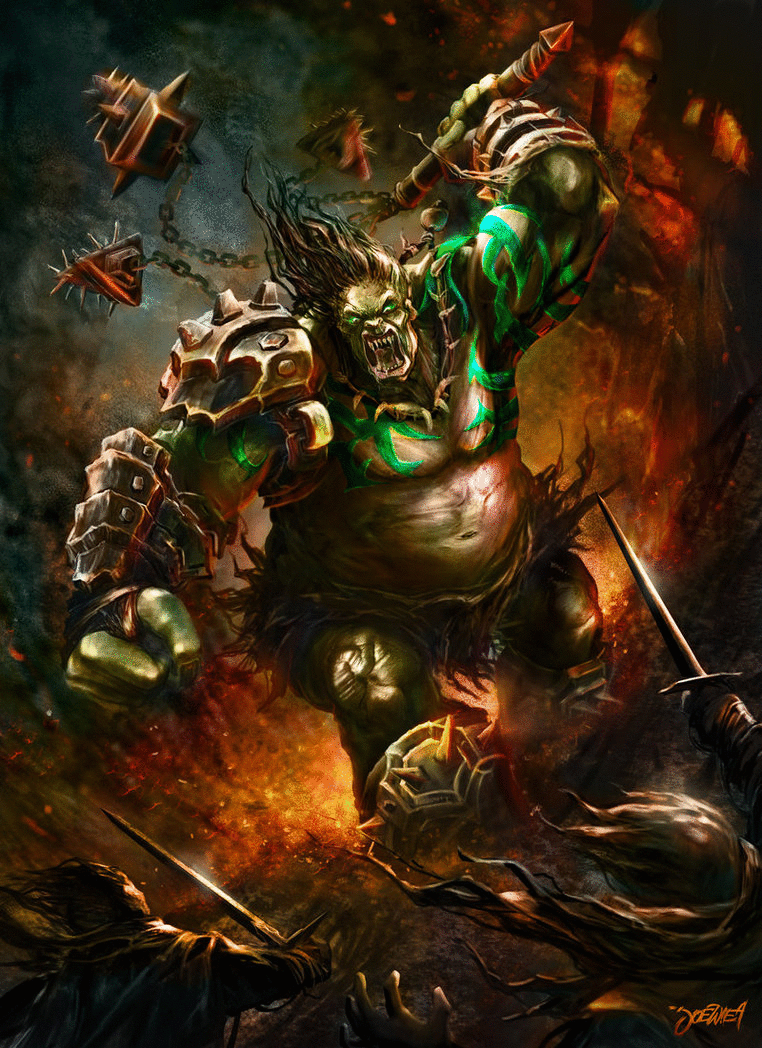 A fierce dark warrior with glowing green marks and spiked armor unleashes a brutal attack, swinging chained maces amid a fiery, chaotic battlefield.