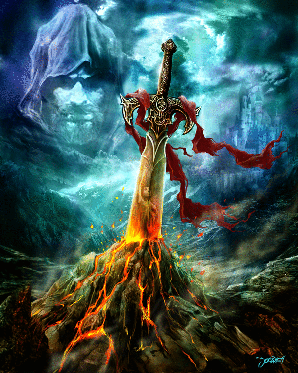 A fantasy-themed artistic image of a glowing sword embedded in molten rock, with a ghostly hooded figure and a distant castle shrouded in mist in the background.
