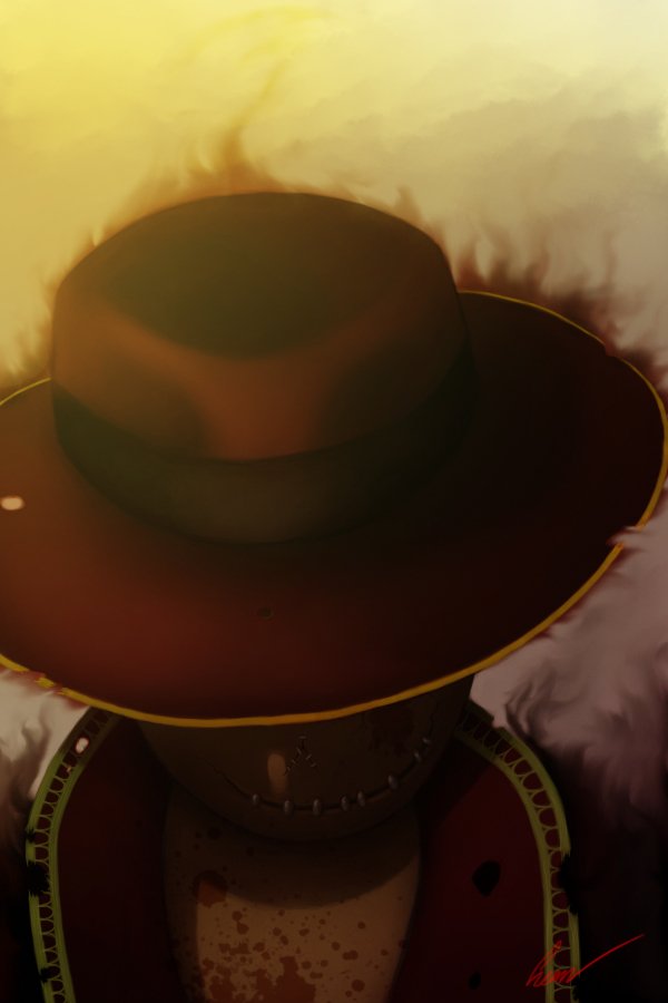 Grinning demon-like creature cloaked in fog and smoke, wearing a dark red fedora hat, brim shadowing a stitched smile and hollow eyes.